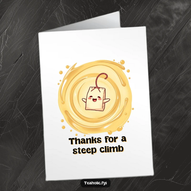 Funny Free Printable Thank You Card: Contented tea bag character blissfully floating in a chaotic yet delightful tea vortex.