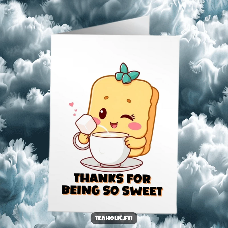 Funny free printable thank you card: a winking biscuit character shares tea with a sugar cube, a sweet way to say thanks.
