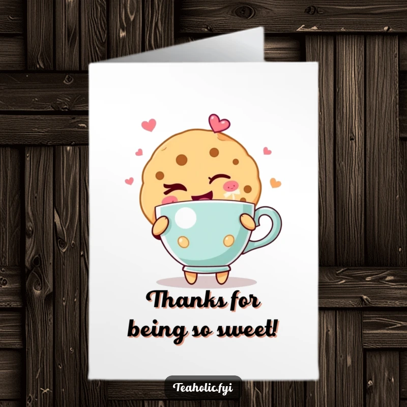 Funny Free Printable Thank You Card: A cookie character winks playfully while holding a teacup overflowing with visible joy.