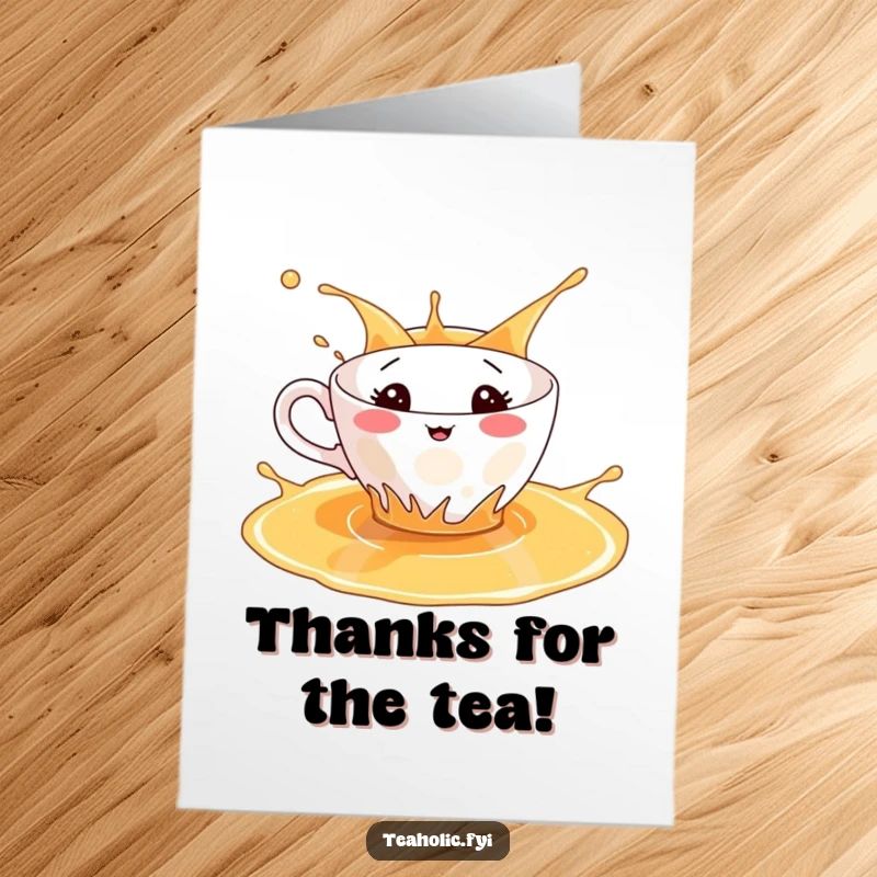 Funny free printable thank you card of a teacup character playfully splashing in a pool of tea.
