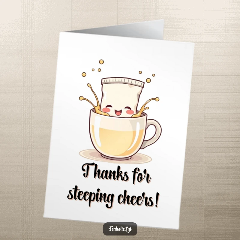 Funny free printable thank you card with a cheerful tea bag character splashing happily in a hot mug.