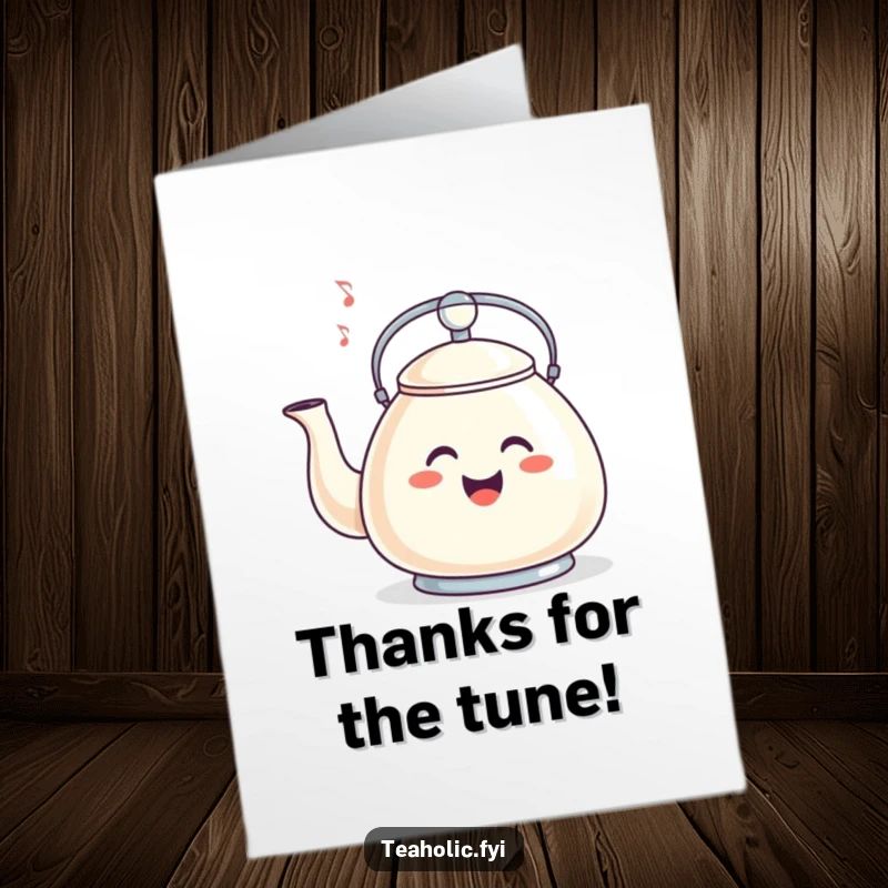 Funny free printable thank you card of a smiling tea kettle merrily whistling a happy tune.