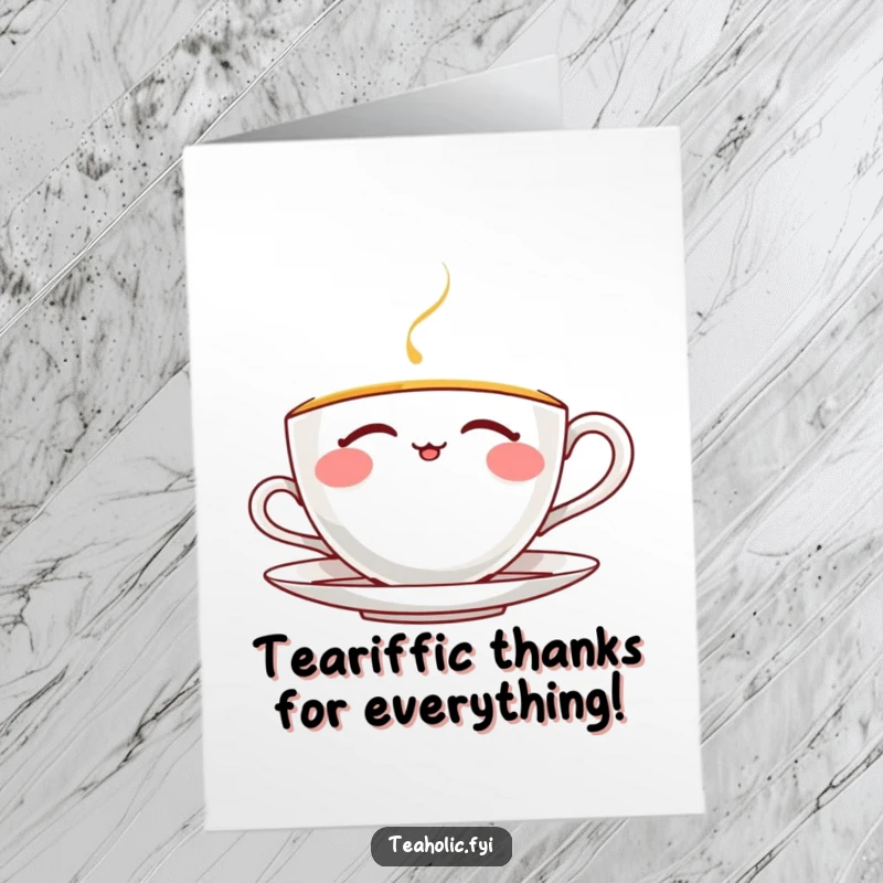 Funny Free Printable Thank You Card with a thrilled teacup character calmly sipping tea, conveying heartfelt thanks.