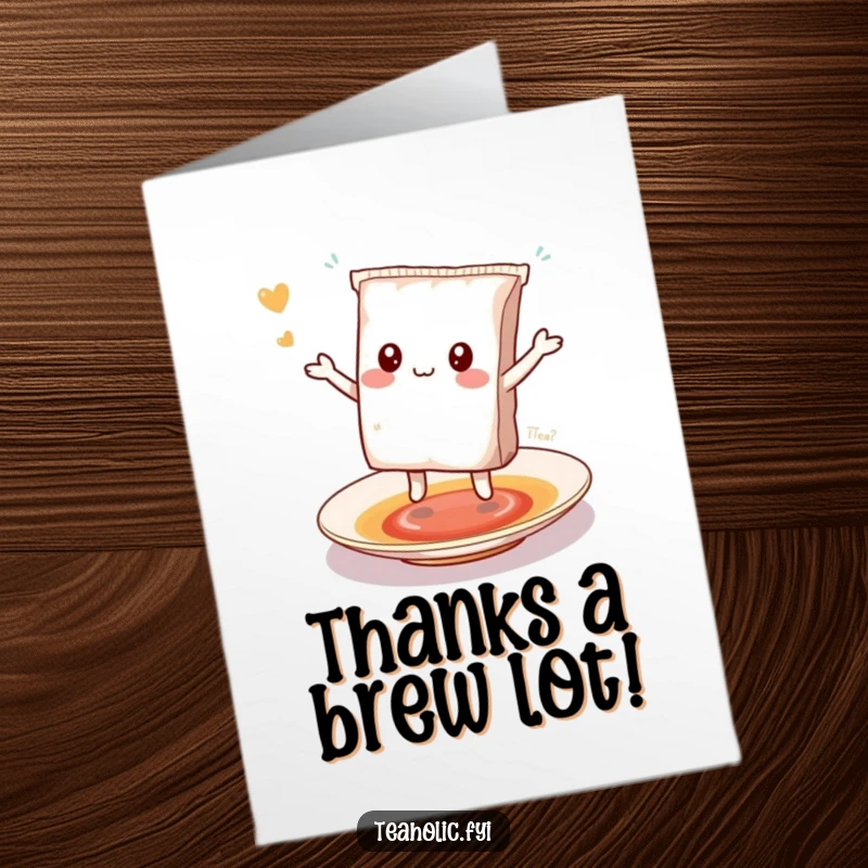 Funny free printable thank you card of a kawaii tea bag character performing a happy little dance on a saucer.