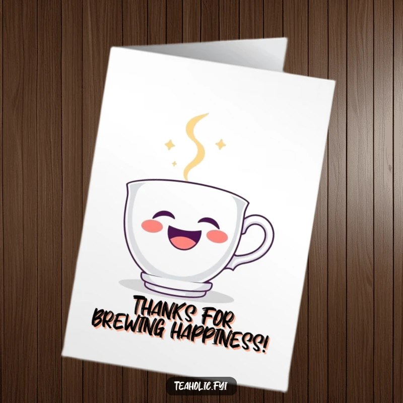 Funny Free Printable Thank You Card: A laughing teacup character with steam showing a smiley face, expressing gratitude.
