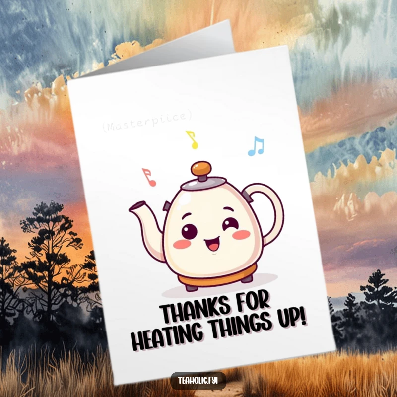 Funny Free Printable Thank You Card: A smiling kettle character whistles a bright, cheerful tune, steam rising merrily.