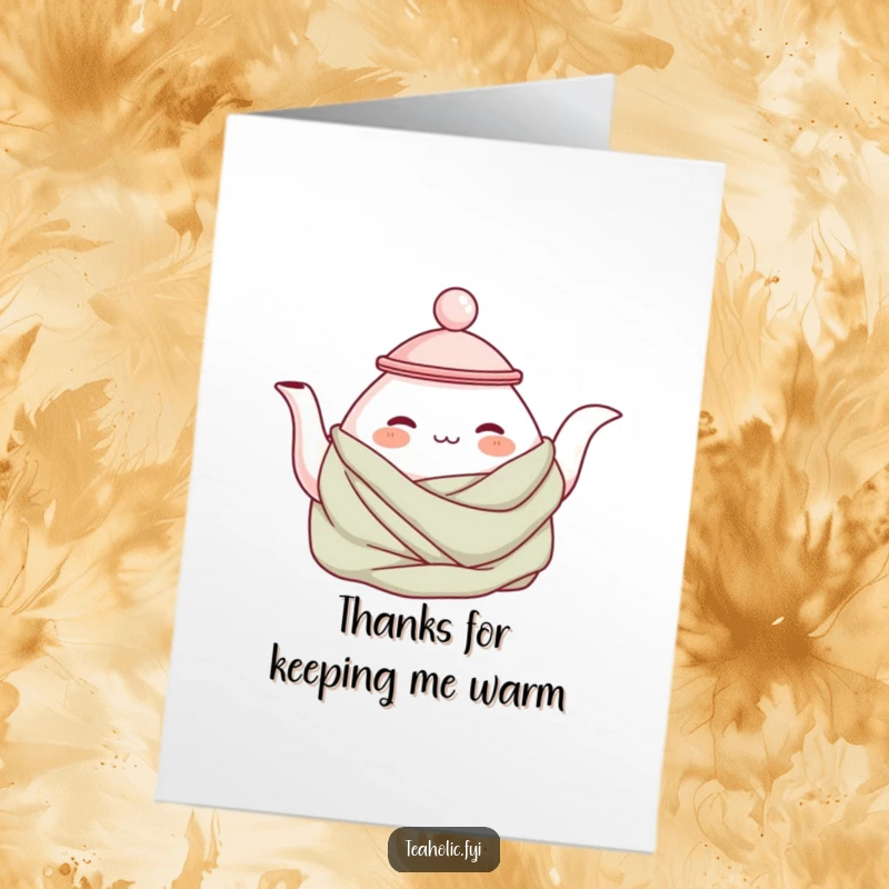 Funny Free Printable Thank You Card with a contented teapot character wrapped in a cozy, conveying warm and sincere thanks.
