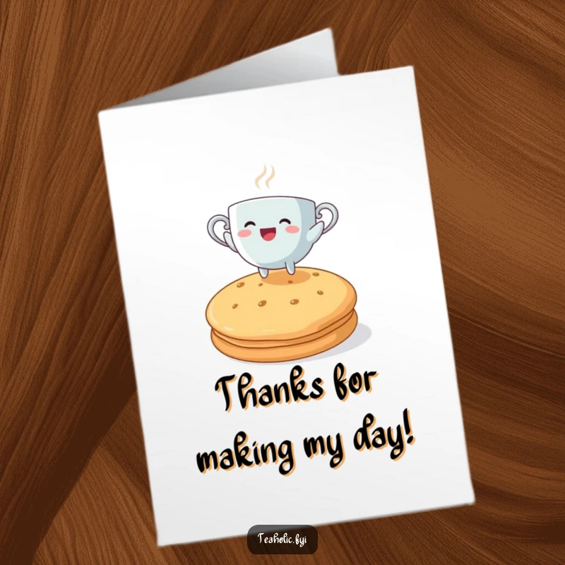 Funny Free Printable Thank You Card: Steaming teacup character joyfully jumping over a giant biscuit with enthusiasm.