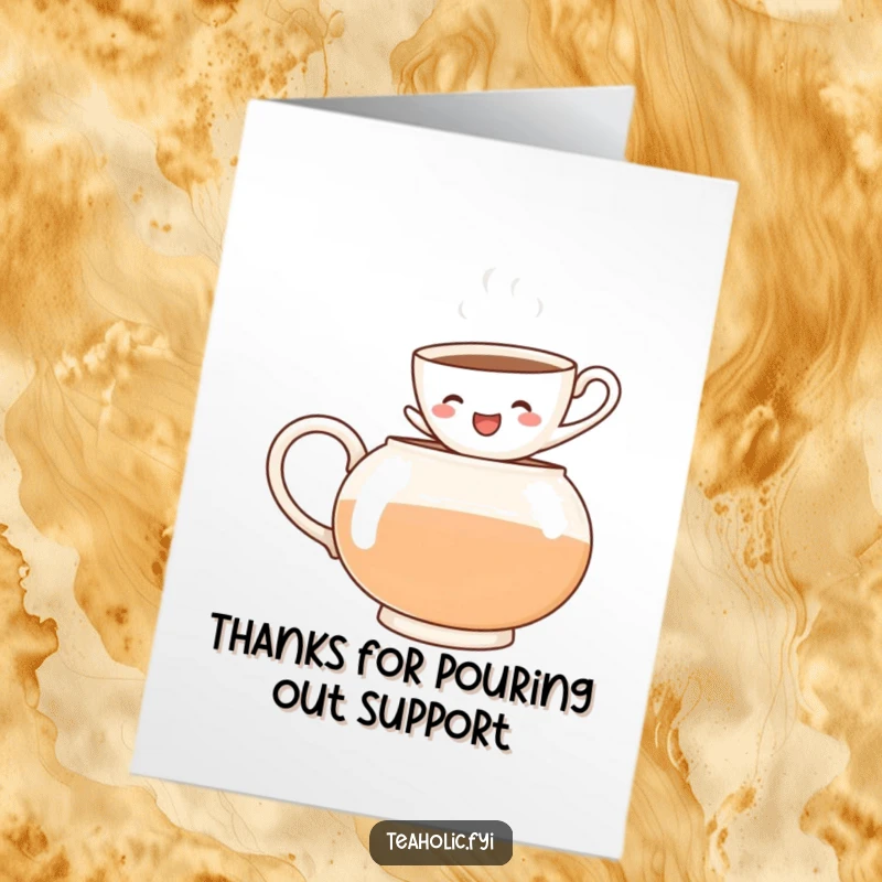 Funny free printable thank you card: a cheerful teacup character joyfully leaps into a steaming teapot to say thanks.