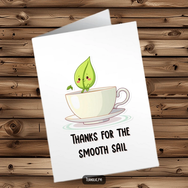 Funny Free Printable Thank You Card: A tea leaf character with a subtle smile navigates a large teacup like a small, whimsical boat.