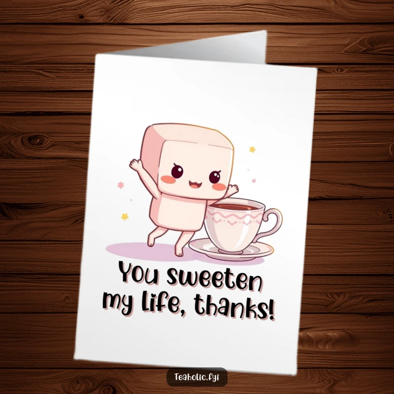 Funny Free Printable Thank You Card featuring a bouncing sugar cube character dancing near a teacup, expressing sweet gratitude.