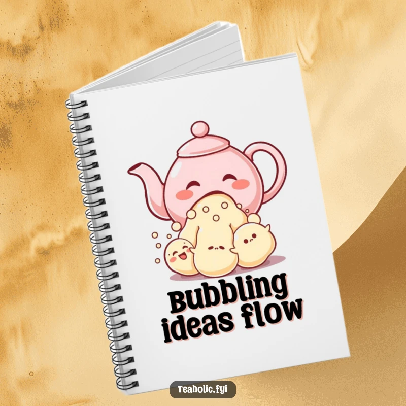 Funny notebook with a giggling teapot character pouring a stream of bubble-like characters, inspiring whimsical thoughts.