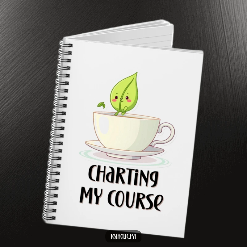 Funny notebook with a smiling tea leaf character sailing across a large teacup, ideal for a funny gift.