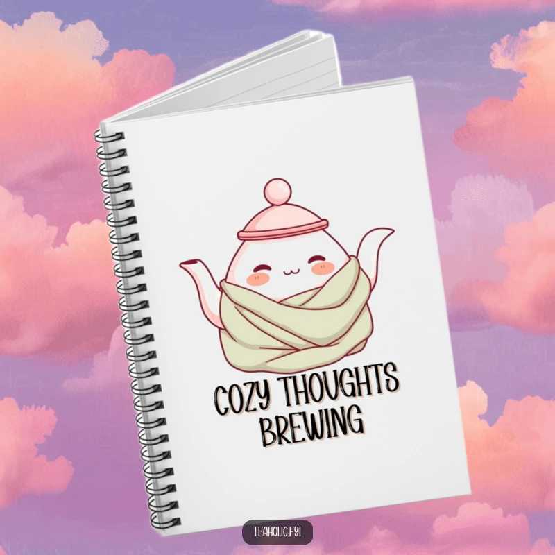 Funny cozy teapot notebook featuring a contented teapot character wrapped in a blanket, ideal for journaling and note-taking with warmth.