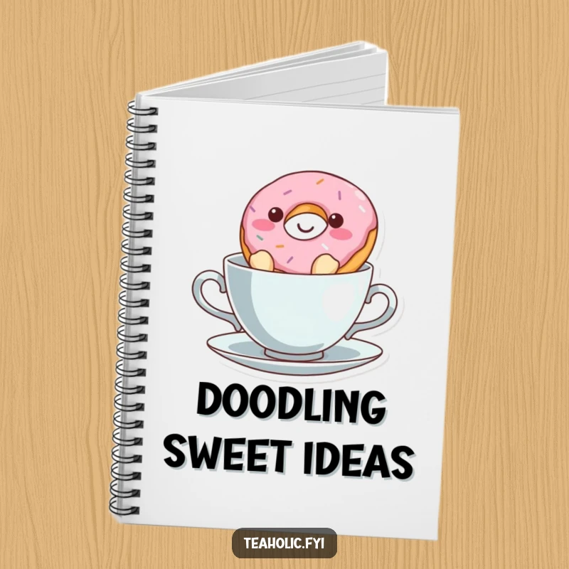 Funny donut character floating in a teacup on a notebook cover, a whimsical and humorous stationery item.
