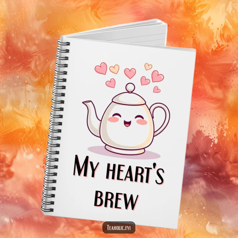 Funny tea kettle notebook, giggling character, heart steam design, perfect funny gift for note-taking.