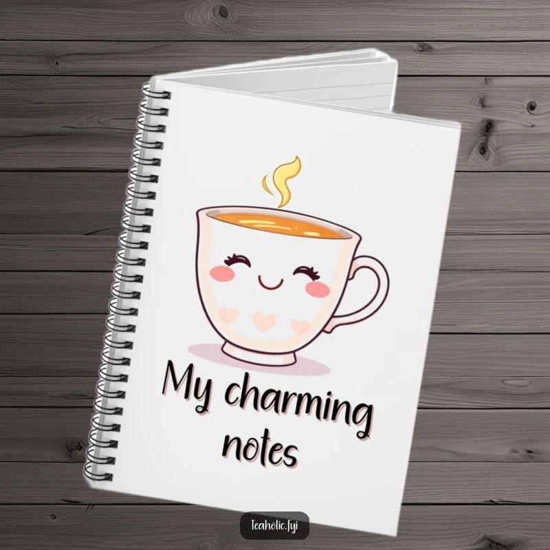 Funny teacup notebook featuring a happy teacup with a charming smile and a wink, ideal for journaling.