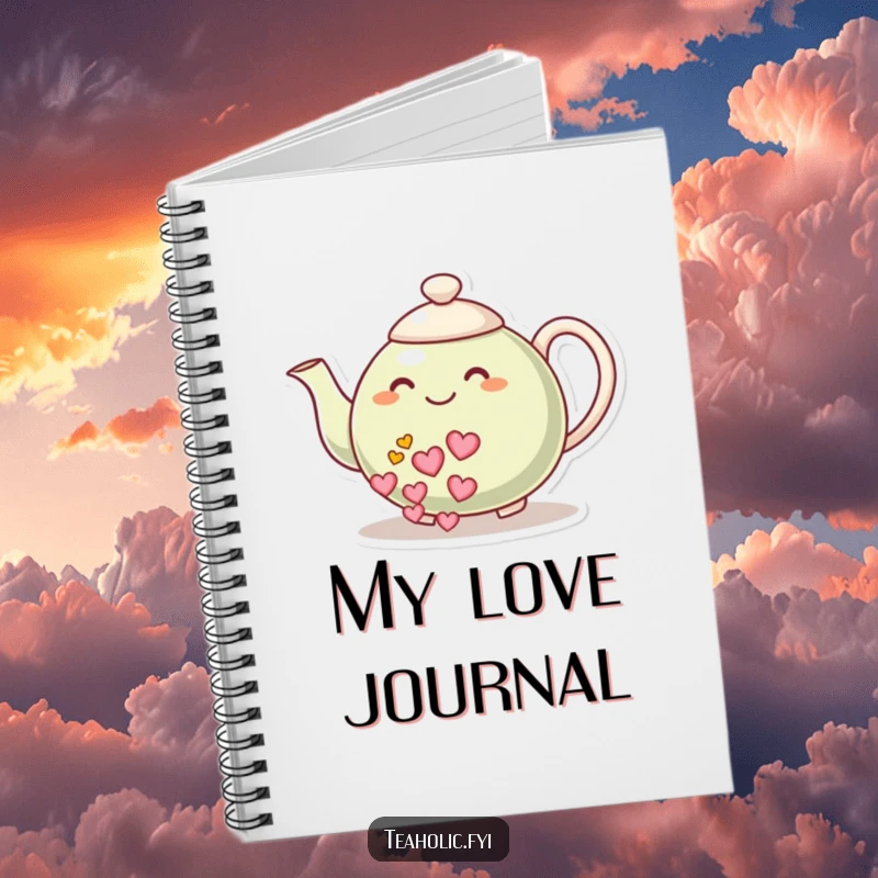 Funny notebook: A smiling teapot character pours a stream of hearts, inspiring creativity and loving note-taking.