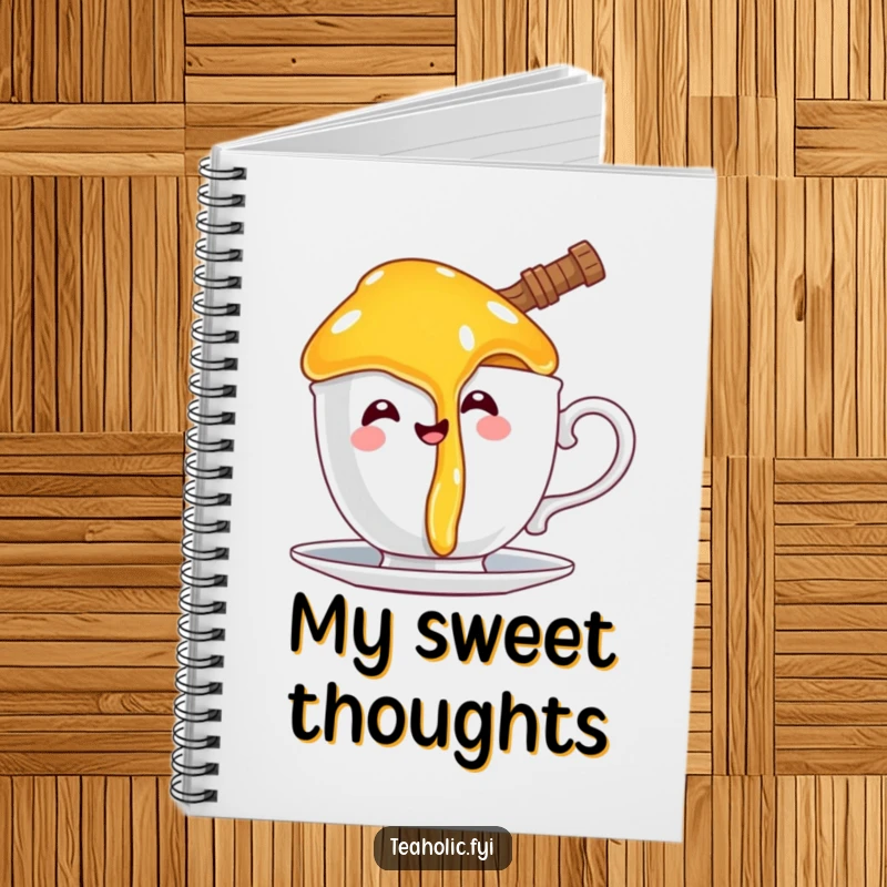 Funny notebook with a happy honey pot character comically dripping onto a teacup handle, for jotting down sweet ideas.