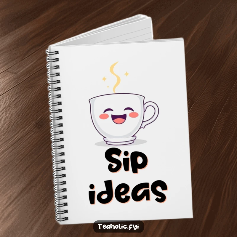 Funny teacup notebook cover featuring a laughing teacup character, steam forming a happy smiley face, perfect for jotting down joyful thoughts.