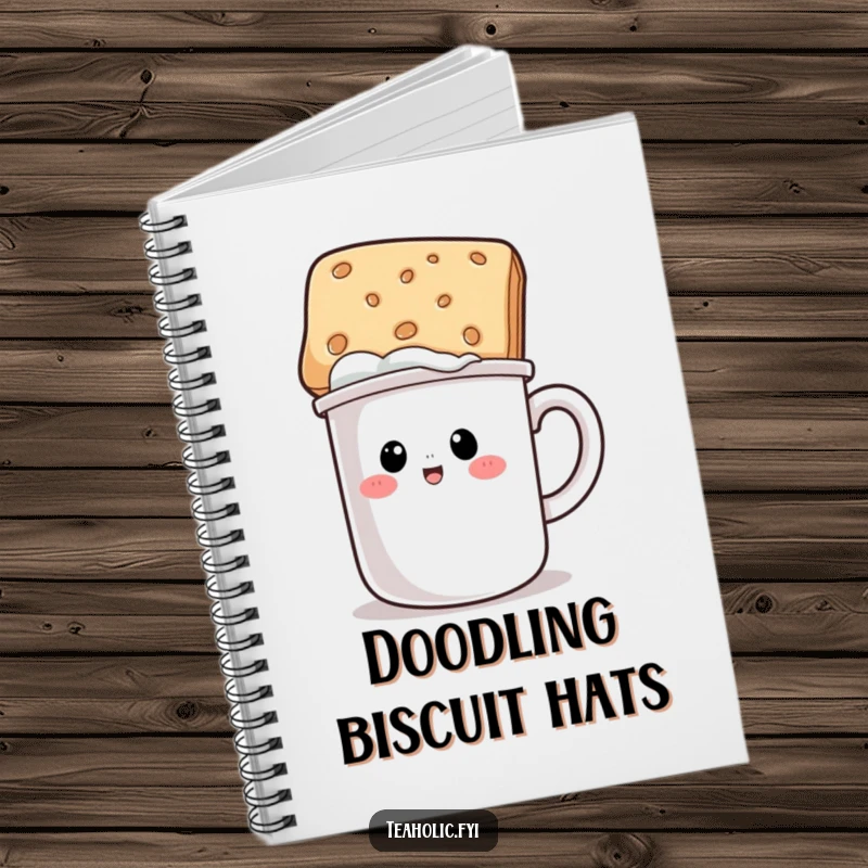 Funny notebook cover with a mug character humorously wearing a biscuit hat, encouraging creative and comical note-taking.