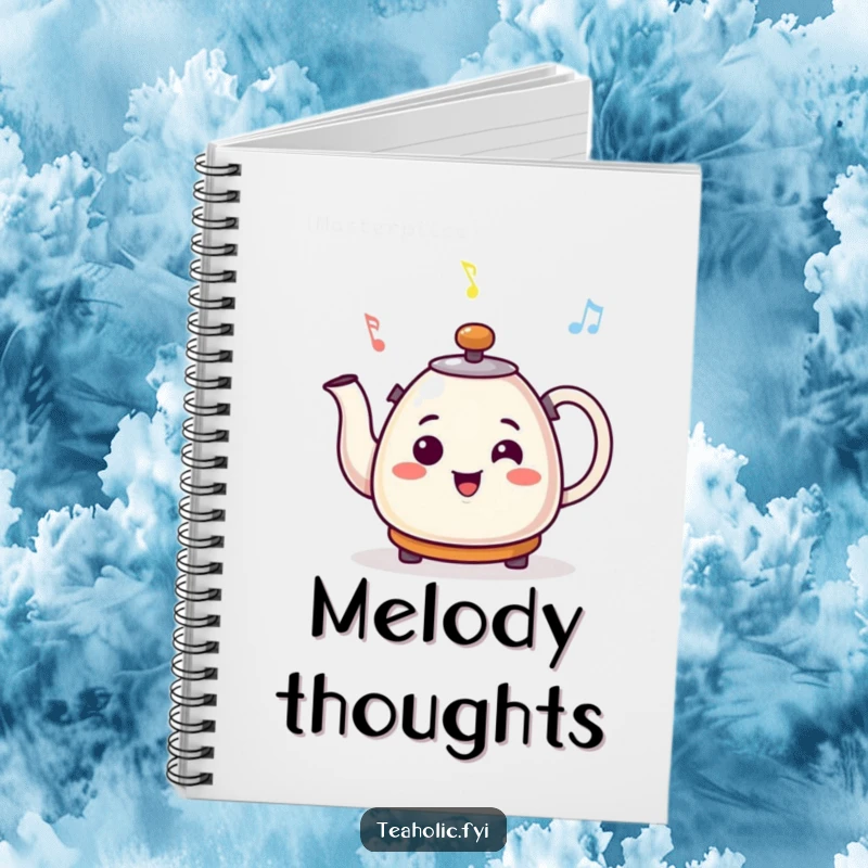 Funny notebook cover with a smiling kettle character whistling a cheerful tune, perfect for jotting down notes and song lyrics.
