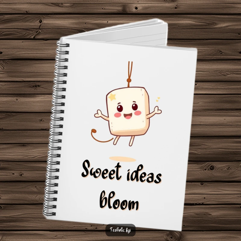 Funny notebook featuring a jovial sugar cube character bouncing on a tea bag string, ideal for jotting down sweet notes.