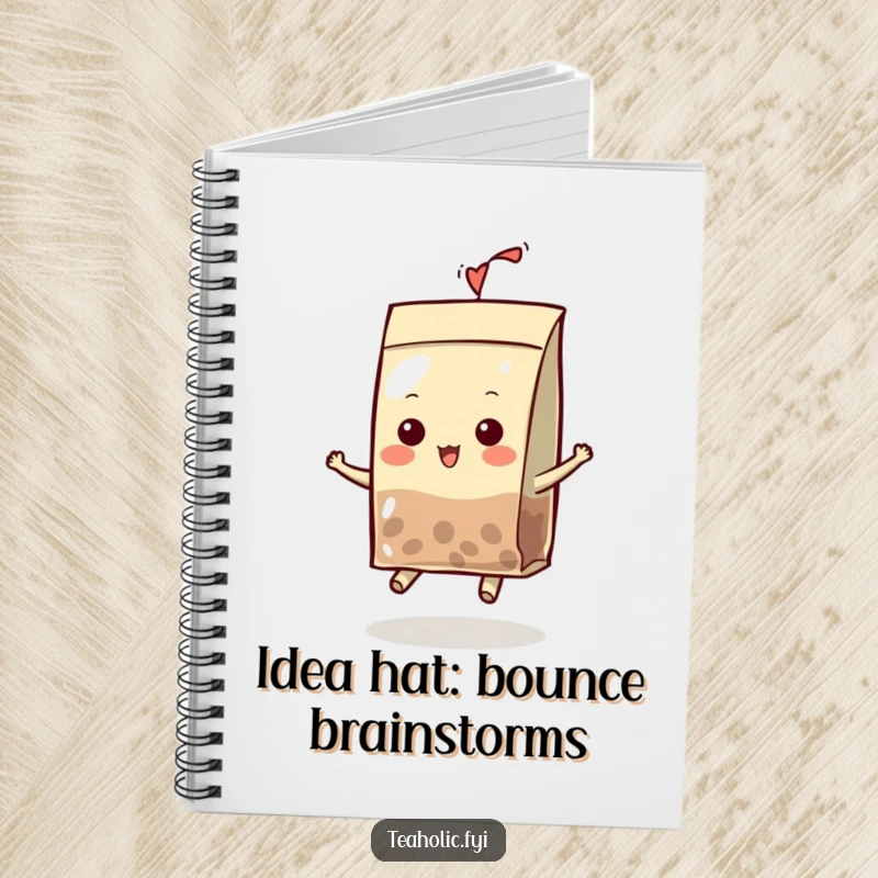 Funny Notebook with a cheerful tea bag character in a hat, energetically bouncing, ready to capture notes and ideas with glee.