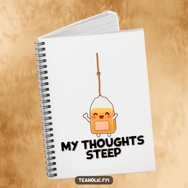 Funny notebook featuring a delighted tea bag character dangling and waving, perfect for jotting down cheerful notes.