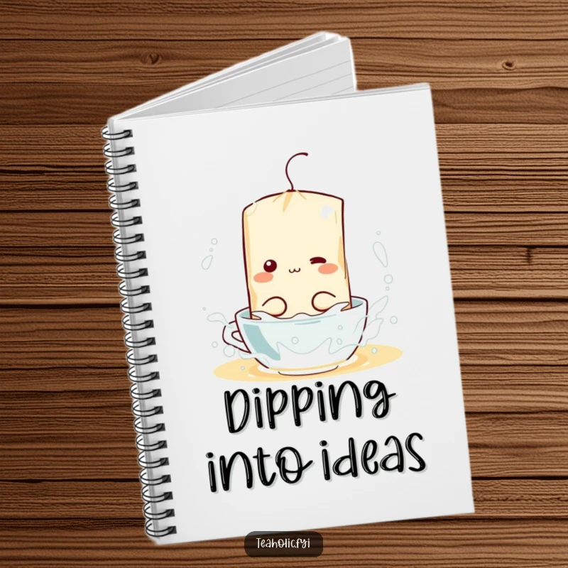 Funny notebook cover with a tea bag character joyfully splashing in a mug of hot water, perfect for note-taking.