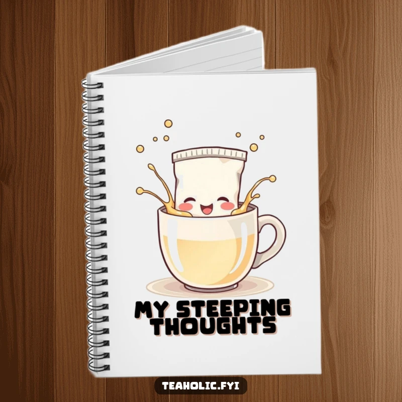 Funny Notebook: Happy tea bag character splashing playfully in a steaming mug, great for journaling joyfully.