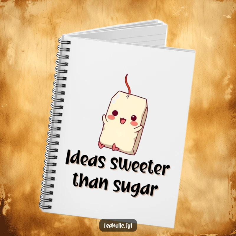 Funny notebook cover showing a tea bag character attempting to swing from a sugar cube, inspiring creative and humorous note-taking.