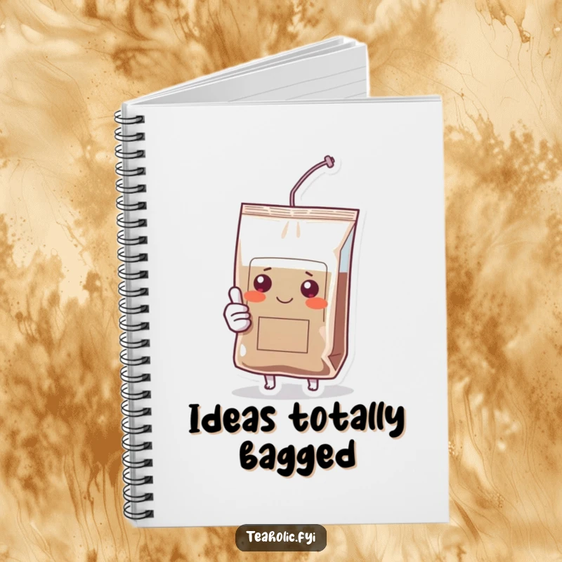 Funny notebook with a happy tea bag character giving a thumbs up, perfect for jotting notes with a smile.