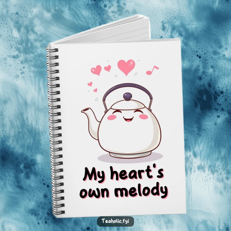 Funny tea kettle whistling merrily with heart steam, notebook cover, ideal for capturing cheerful thoughts and creative inspiration.