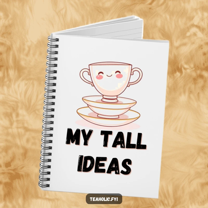 Funny Notebook: Cheerful teacup character balancing on delicate saucers, great for jotting notes with flair.