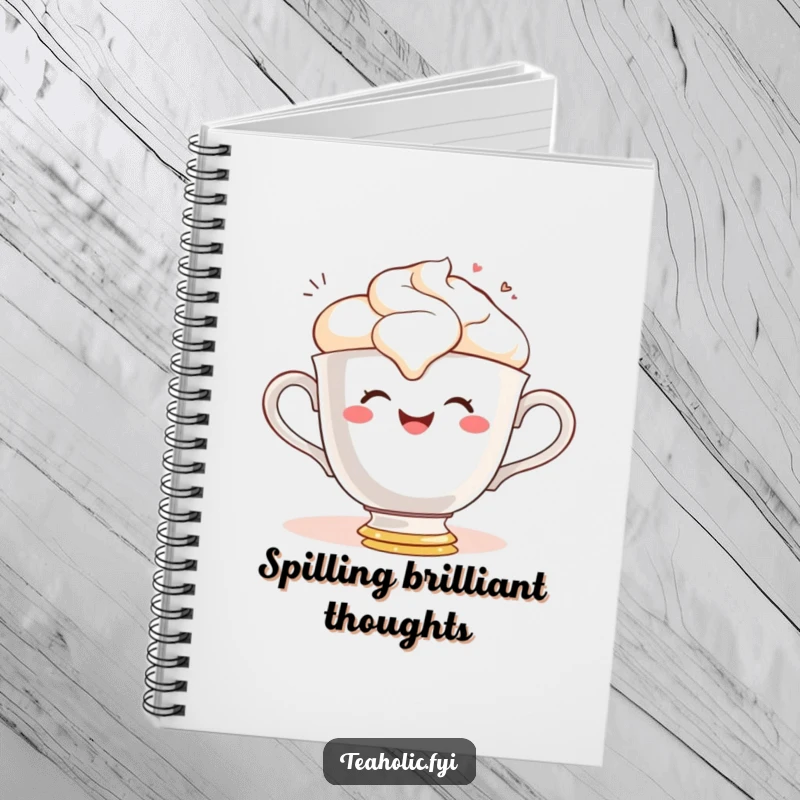 Funny notebook featuring a gleeful teacup character smiling while spilling frothy tea, ideal for jotting down happy notions.