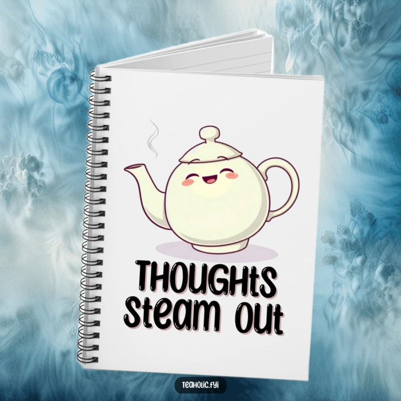 Funny notebook with a teapot character comically tripping over its steam plume, perfect for jotting notes with humor.