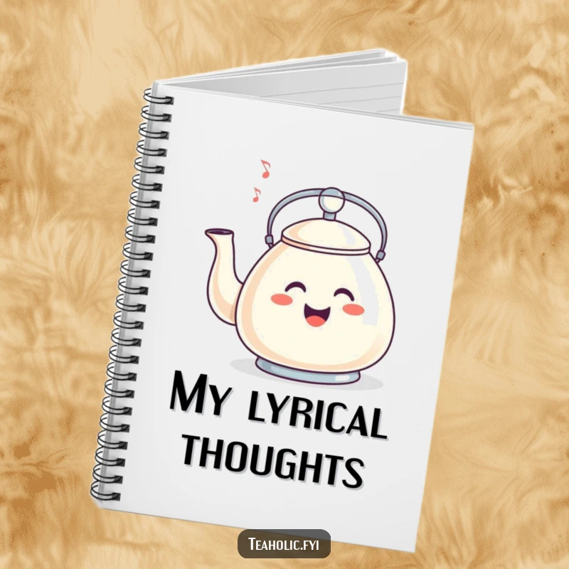 Funny notebook cover with a tea kettle whistling a happy tune, encouraging creative and musical entries.