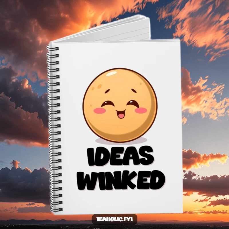 Funny notebook cover with a round coffee bean winking playfully, encouraging creative thoughts and notes.