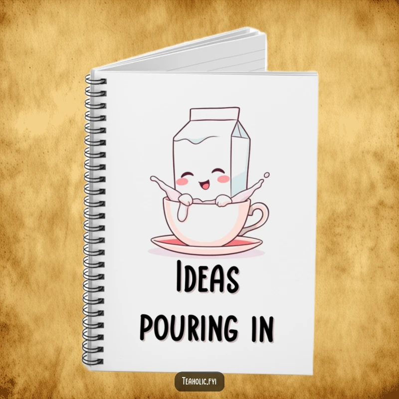 Funny notebook featuring a winking milk carton character playfully splashing into a teacup, perfect for capturing brilliant ideas.