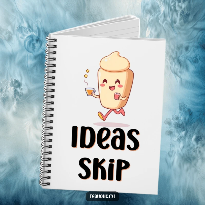 Funny pastry notebook cover featuring a smiling pastry character happily skipping, holding a cup of tea, inspiring joyful thoughts.