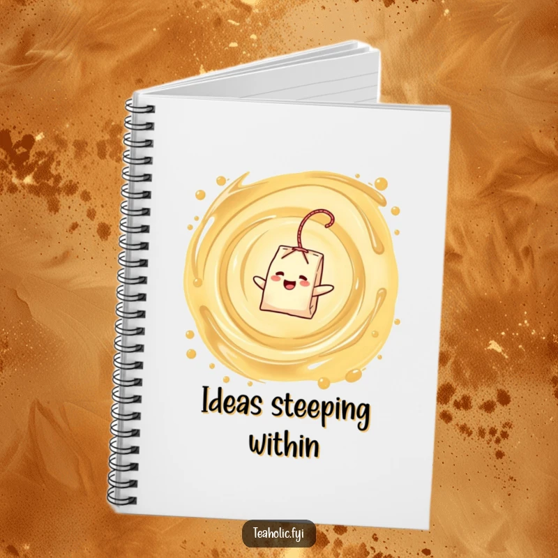 Funny notebook with a delighted tea bag character lost in a swirling tea vortex, ideal for a funny gift.