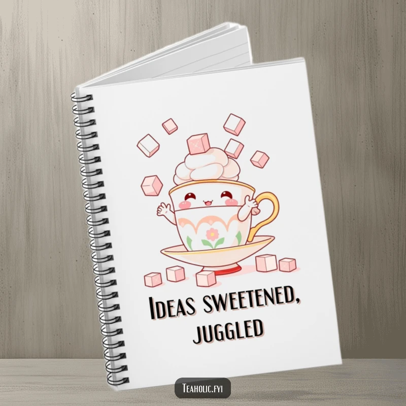 Funny notebook with a playful teacup character juggling sugar cubes, perfect for jotting down ideas with a sweet touch.