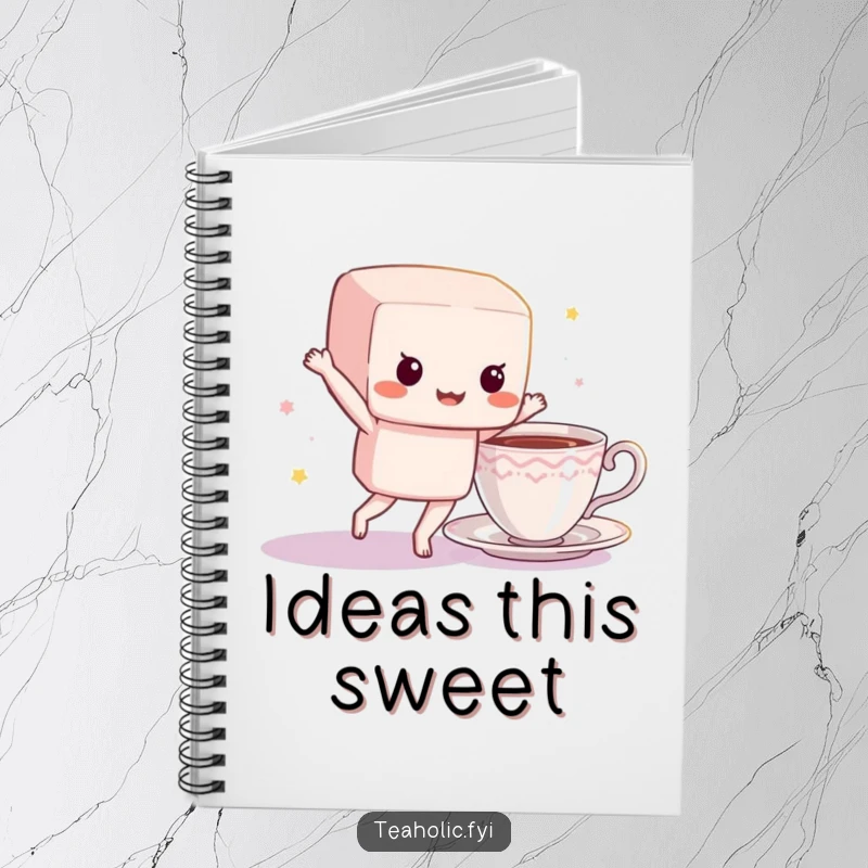 Funny sugar cube notebook featuring a dancing character near a teacup, ideal for jotting down ideas with a touch of sweet fun.