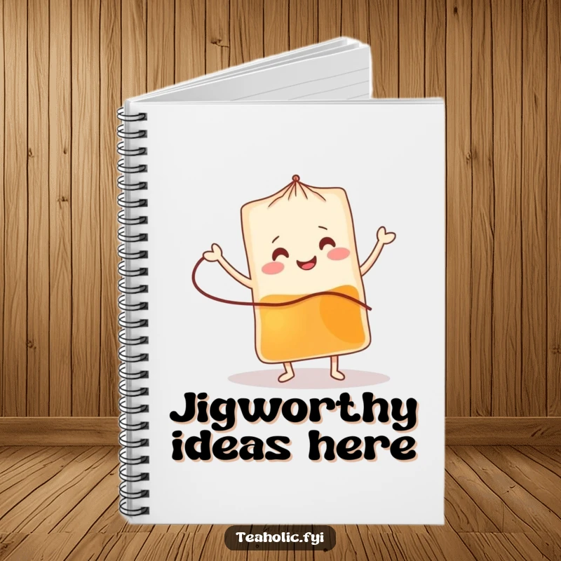 Funny tea bag notebook with a smiling character doing a jig, great for notes and as a funny gift.
