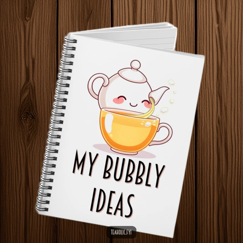 Funny notebook with a giggling teapot character pouring bubbles, perfect for capturing notes and inspired thoughts with humor.