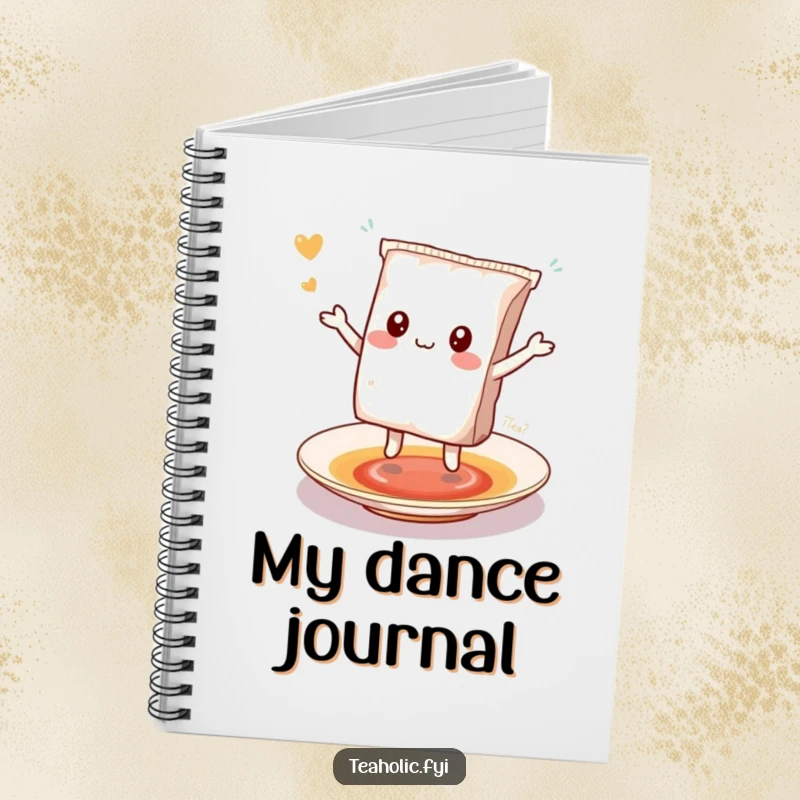 Funny kawaii tea bag character happily dancing on a saucer, a humorous notebook.