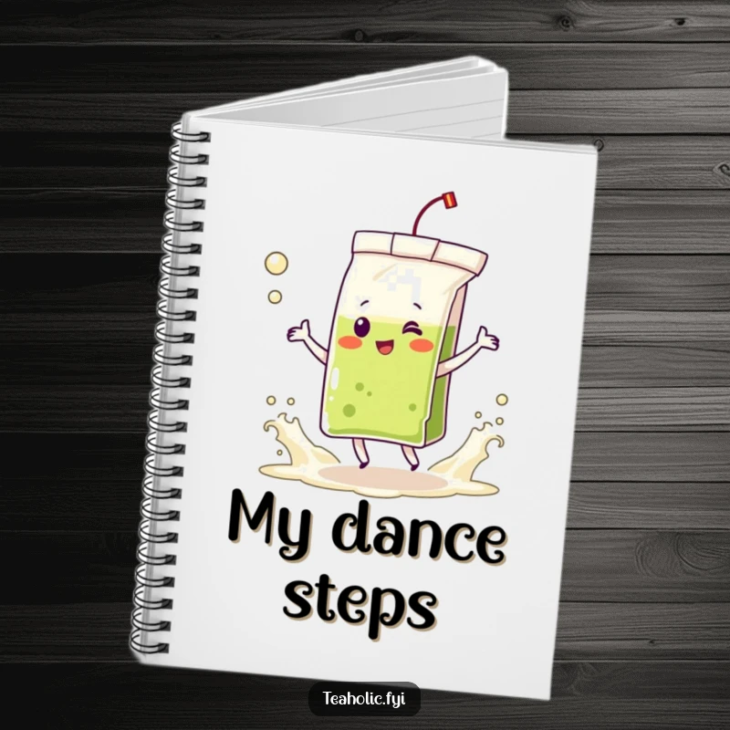 Funny notebook featuring a delighted tea bag character dancing in frothing tea waves, ideal for capturing notes with a touch of rhythm.