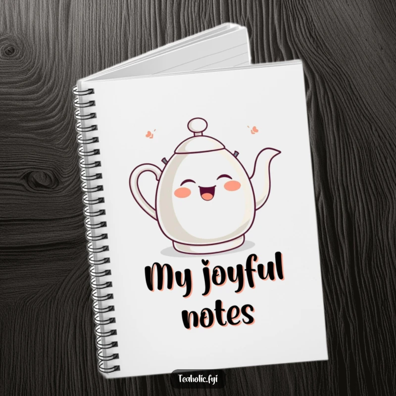 Funny tea kettle notebook featuring a giggling kettle whistling with pure happiness, ideal for journaling and notes.
