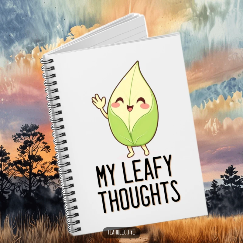 Funny waving tea leaf notebook, a smiling character enthusiastically waving hello, perfect for writing and capturing cheerful, humorous thoughts.